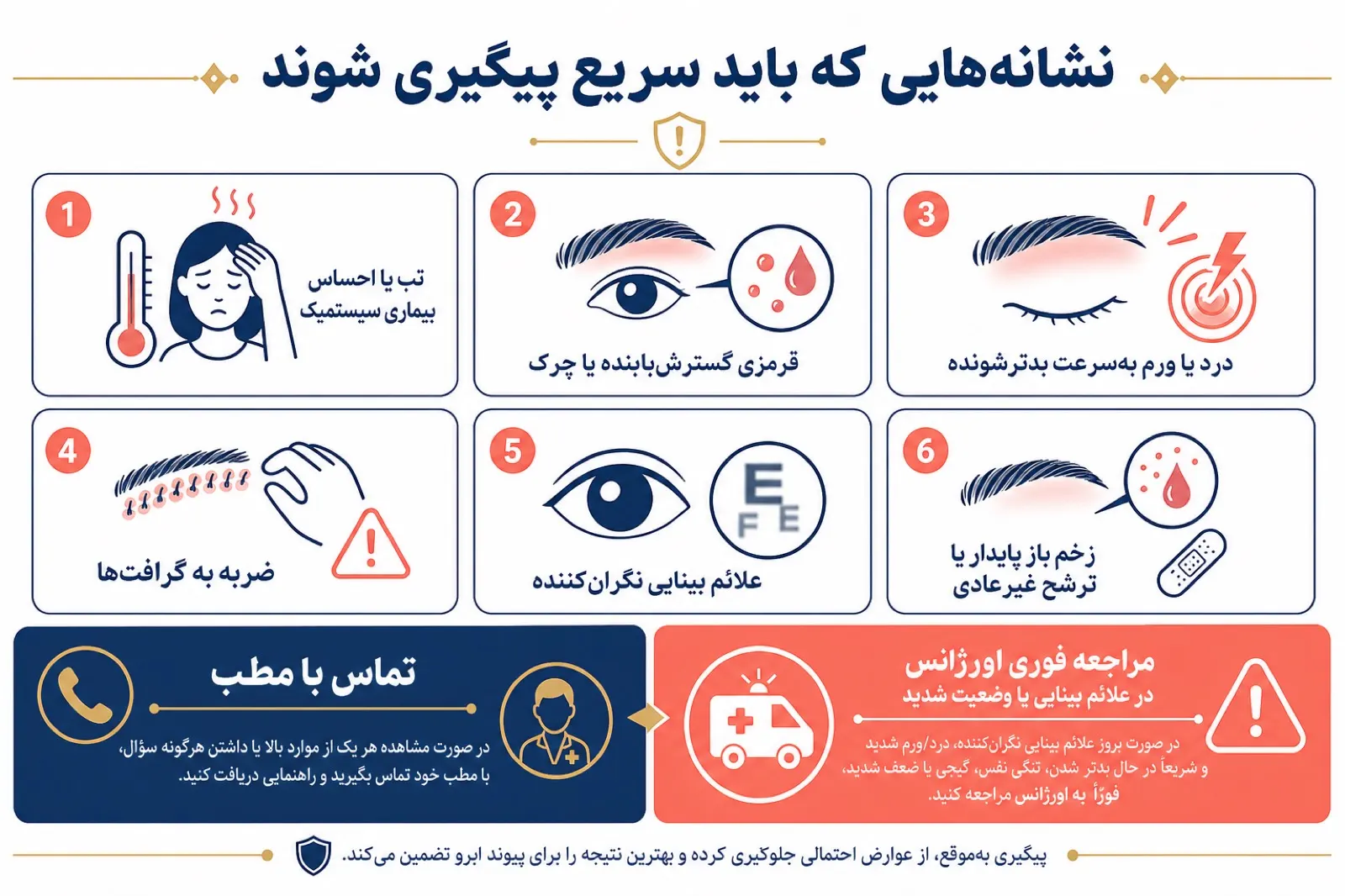نشانه‌های هشدار پس از کاشت ابرو که پیگیری سریع می‌خواهند
