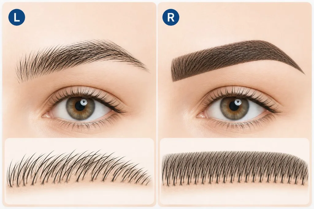 مقایسه تراکم و زاویه طبیعی (L) با تراکم یکدست و موهای عمودی غیرطبیعی (R)