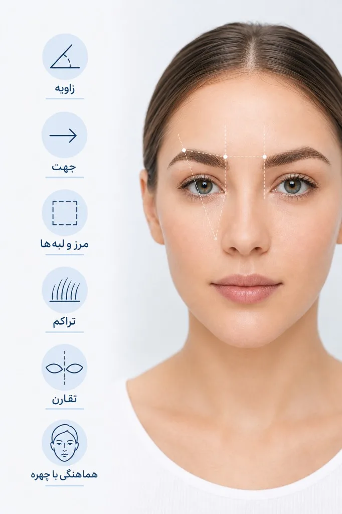 چک‌لیست ارزیابی نتیجه طبیعی کاشت ابرو: زاویه، جهت، لبه، تراکم، تقارن و هماهنگی با چهره