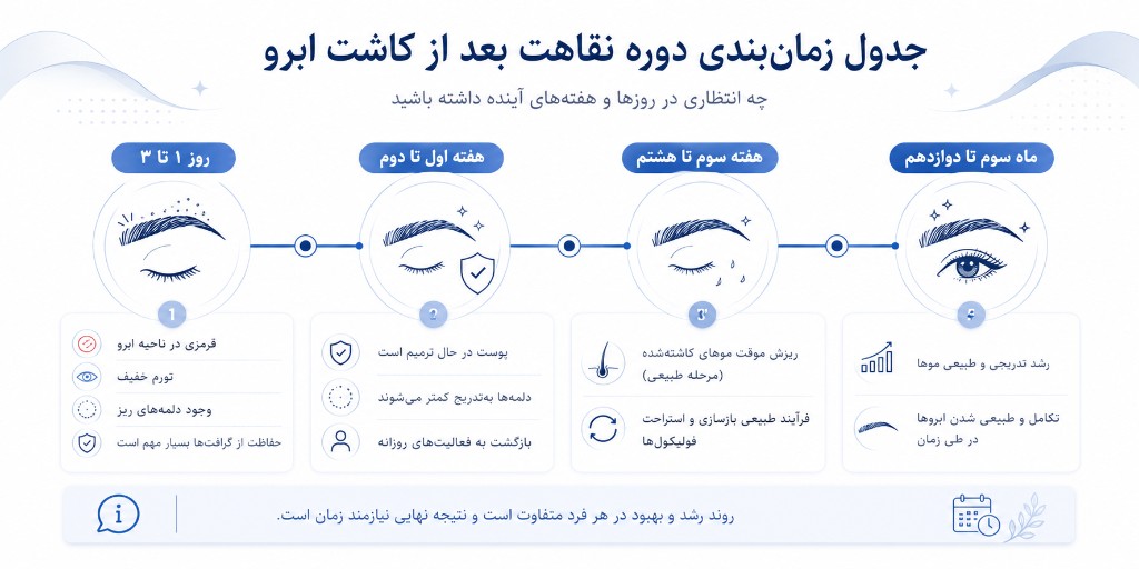 جدول زمان‌بندی نقاهت بعد از کاشت ابرو: روز ۱ تا ۳، هفته اول تا دوم، هفته ۳ تا ۸، و ماه ۳ تا ۱۲
