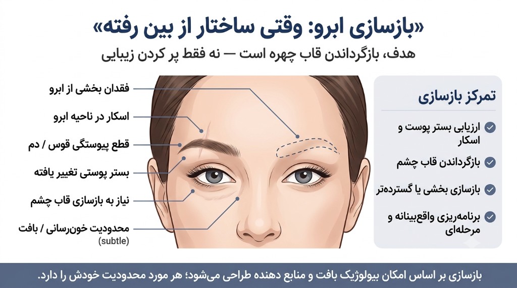 اینفوگرافیک بازسازی ابرو: فقدان بخشی، اسکار، قطع پیوستگی قوس یا دم، بستر پوستی تغییر یافته و تمرکز بر بازگرداندن قاب چشم