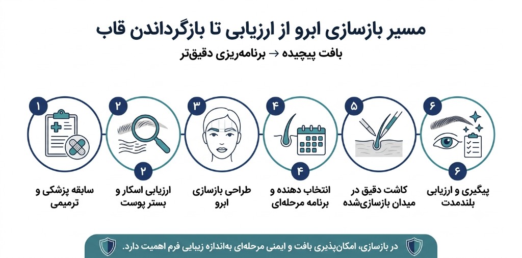 مسیر شش‌مرحله‌ای بازسازی ابرو از سابقه پزشکی و ارزیابی اسکار تا طراحی، برنامه مرحله‌ای، کاشت دقیق و پیگیری بلندمدت