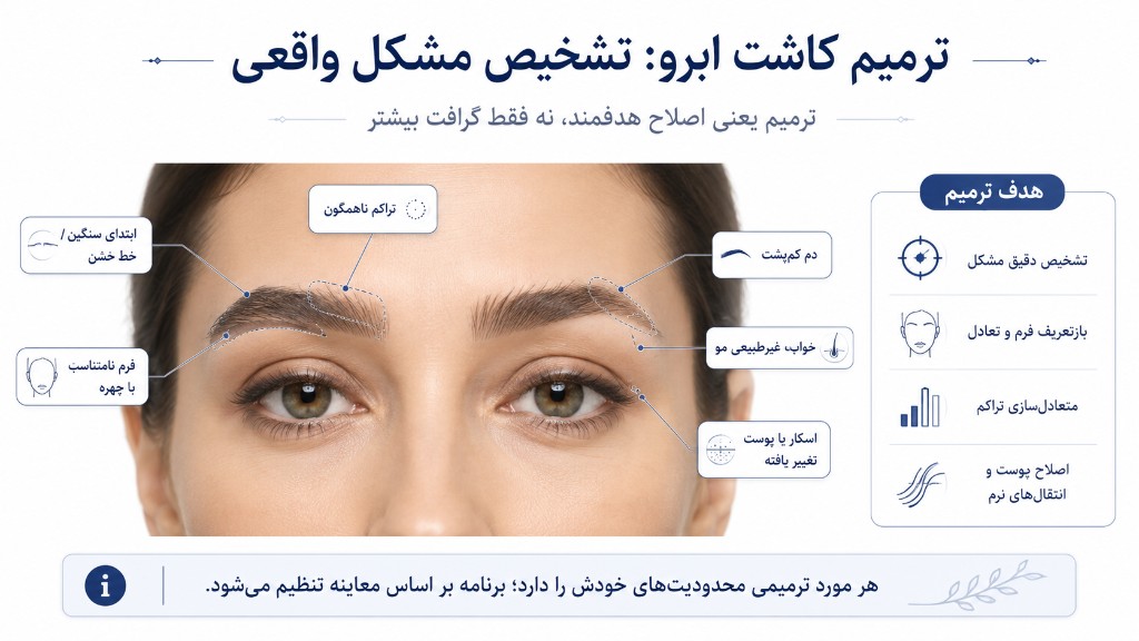 اینفوگرافیک تشخیص مشکل در ترمیم کاشت ابرو: تراکم ناهمگون، ابتدای سنگین، دم کم‌پشت، خواب غیرطبیعی، فرم نامتناسب و اسکار