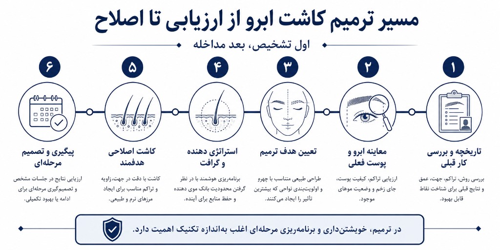 مسیر شش‌مرحله‌ای ترمیم کاشت ابرو از تاریخچه و معاینه تا هدف‌گذاری، استراتژی دهنده، کاشت اصلاحی و پیگیری مرحله‌ای